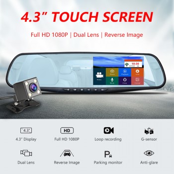 Jansite Car DVR 4.3 Touch screen Dual Lens Car Camera FHD 1080P Video Recorder Rearview Mirror With Rearview DVR Dash cam Auto