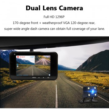 Bluavido Full HD 1296P Car DVR Camera ADAS WDR Night Vision 3 Inch Dual Lens Dash cam Video Recorder Cycle Recording Dashcam