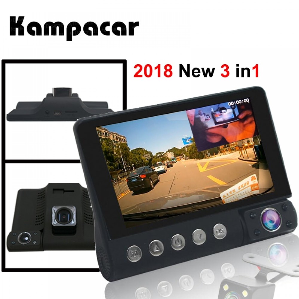 Kampacar 4.0 Inch Car Dvr Mirror 3 Camera Auto Recorder 3 in 1 Russian The Registrar Car Rearview Dual Dashcam With Two Cameras