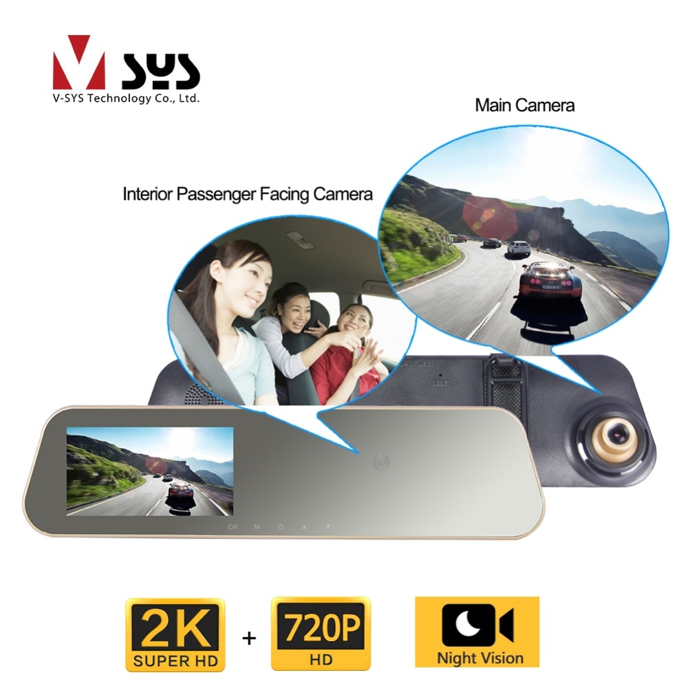 SYS Dual Camera Rearview Mirror Dash Cam DVR Main 2K 1296P+720P Interior Passenger Car Facing Camera Night Vision for Taxi Uber