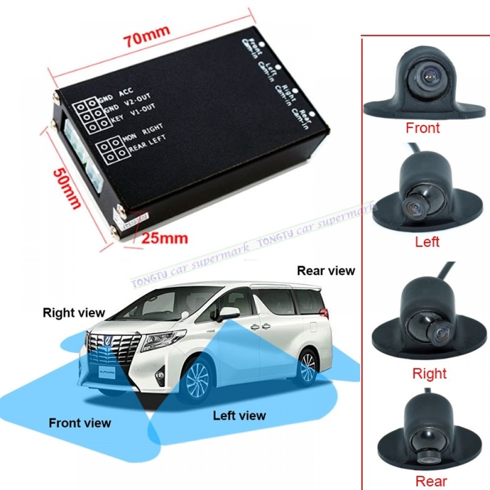 Car Parking Assistance 4-View Camera Switch Box System With 4PCS 360 Degree Rotation Universal Car Front/Side/Rear Cameras