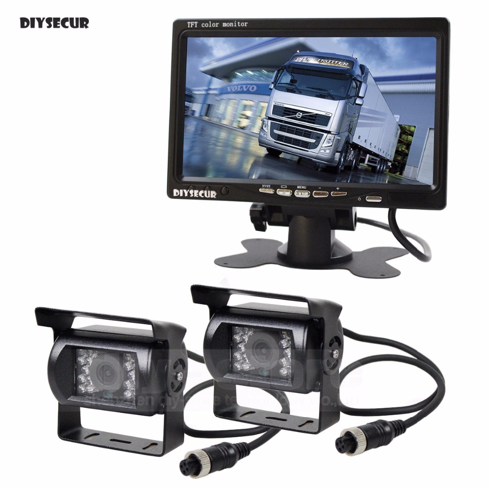 DIYSECUR 2 x 4pin Night Vision CCD Rear View Camera Kit + DC 12V - 24V 7 inch TFT LCD Monitor System For Bus Houseboat Truck