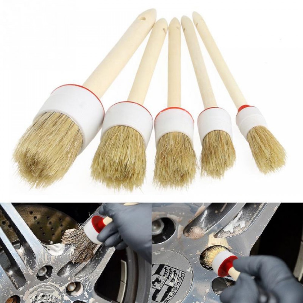 Car Wash Brush Cleaning Round Head Wood Handle Beige Faux Bristle Wheel Cleaning Brush for Dash Trim Seats Handy Washable Auto