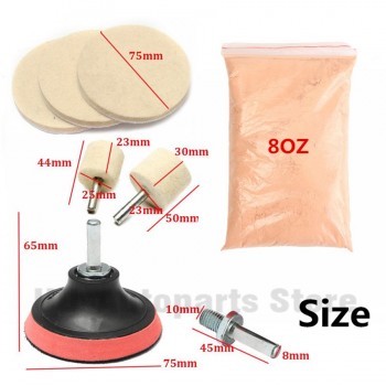 Universal 8Pcs/Set Glass Polishing Kit, Glass Scratch Removal ,8 Oz Cerium Oxide and 3  Polishing Wheels pads Adapter