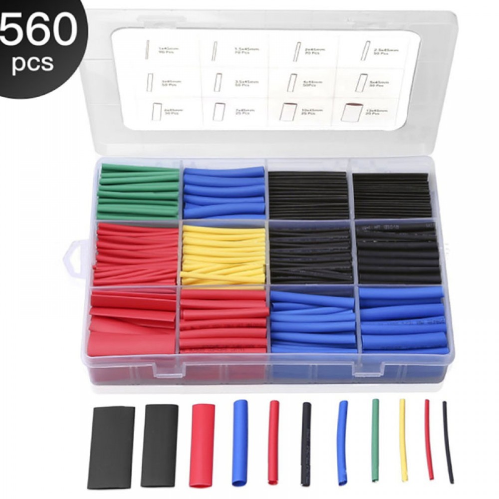 560pcs Heat Shrink Tube Electric Insulation Wrap Cable Sleeve 12 sizes Splice 2:1 Electrical Wire Assortment Terminal Kit + Box