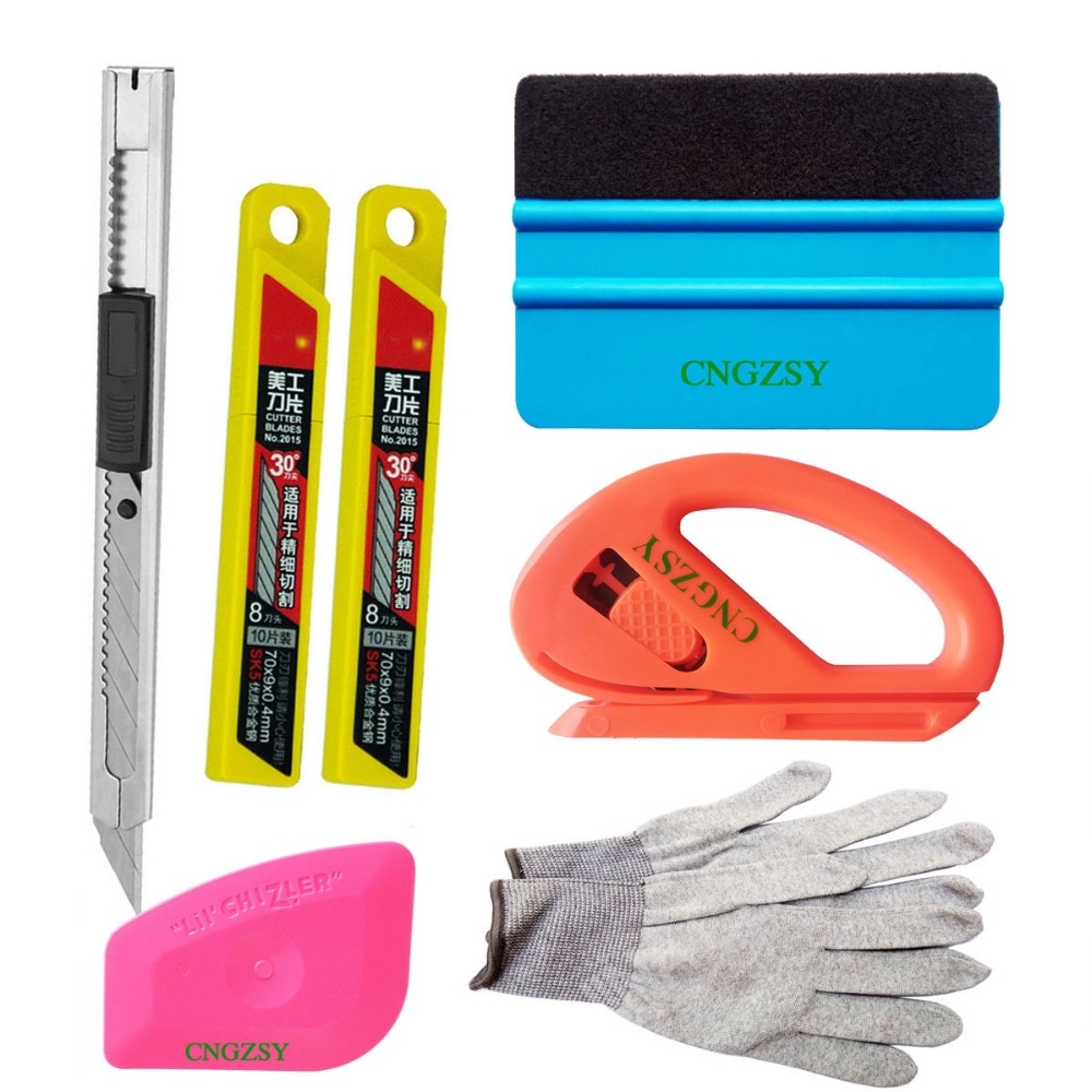 CNGZSY 7 in 1 Vinyl Film Tools Stickers Wrap Scraper Safety Utility Foil Cut Knife Static-free Nylon Gloves Car Styling Tool K51