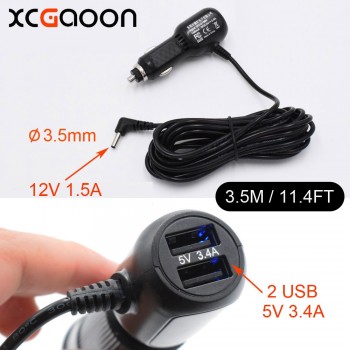 XCGaoon 3.5mm Port USB Car Charger for Car Radar Detector GPS, input 12V Output 12V 1.5A With 2 USB Port 5V 3.4A Cable 3.5Meter