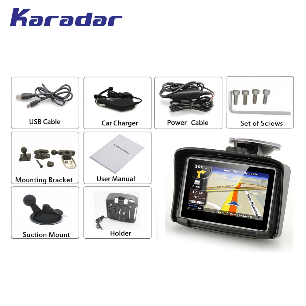 KARADAR Waterproof Motorcycle GPS - 4.3 Inch Win CE 6.0 Car GPS Navigator - Built-in 8G Map