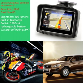 New Version 4.3 Waterproof IPX7 Motorcycle Bluetooth GPS Navigation MOTO Navigator with Free Maps 8G Flash for Car Motobike