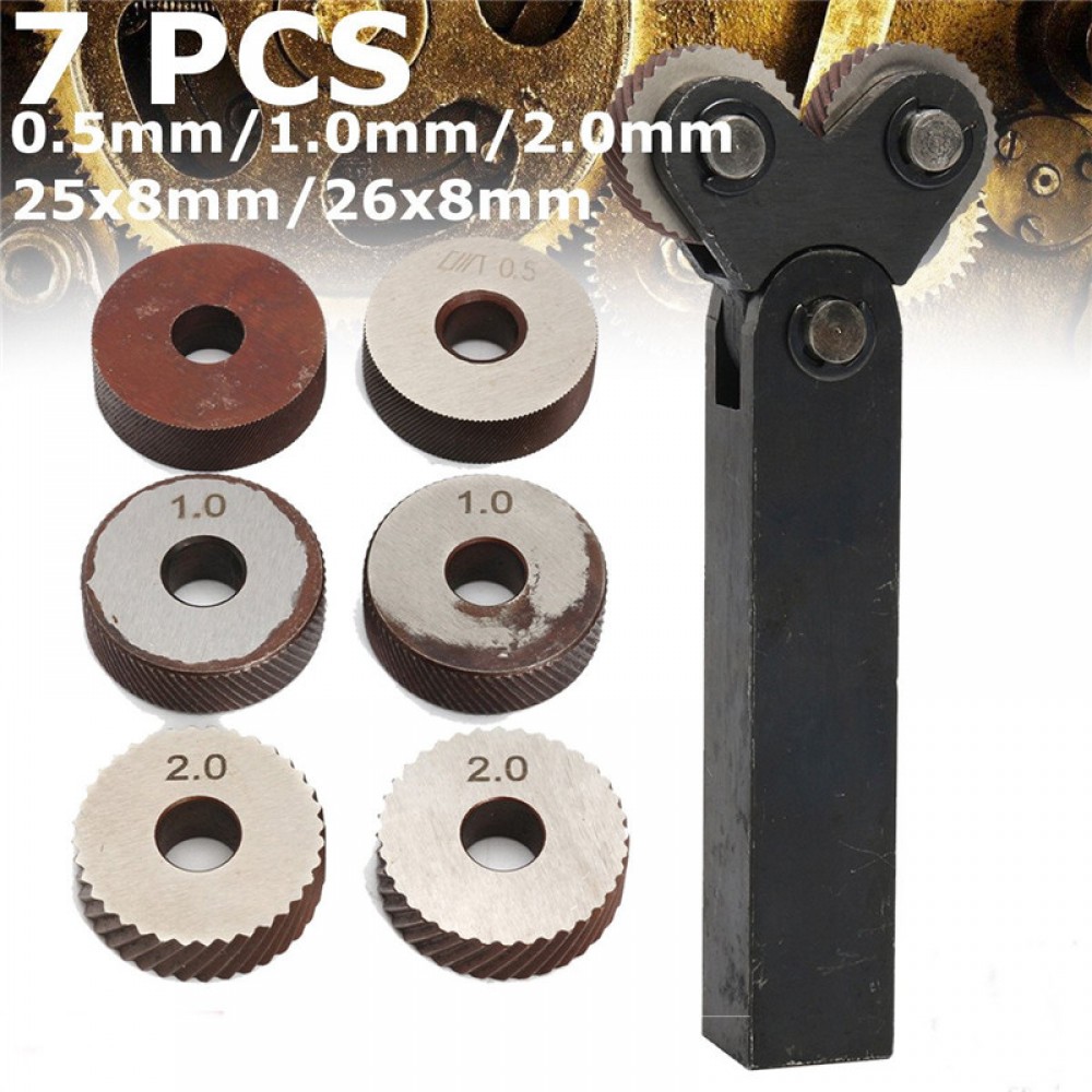 7Pcs/Set Steel Knurling Tool Diagonal Dual Wheel Linear Knurl Kit Lathe Cutter Machine Tools Accessories 0.5mm/1mm/2mm New