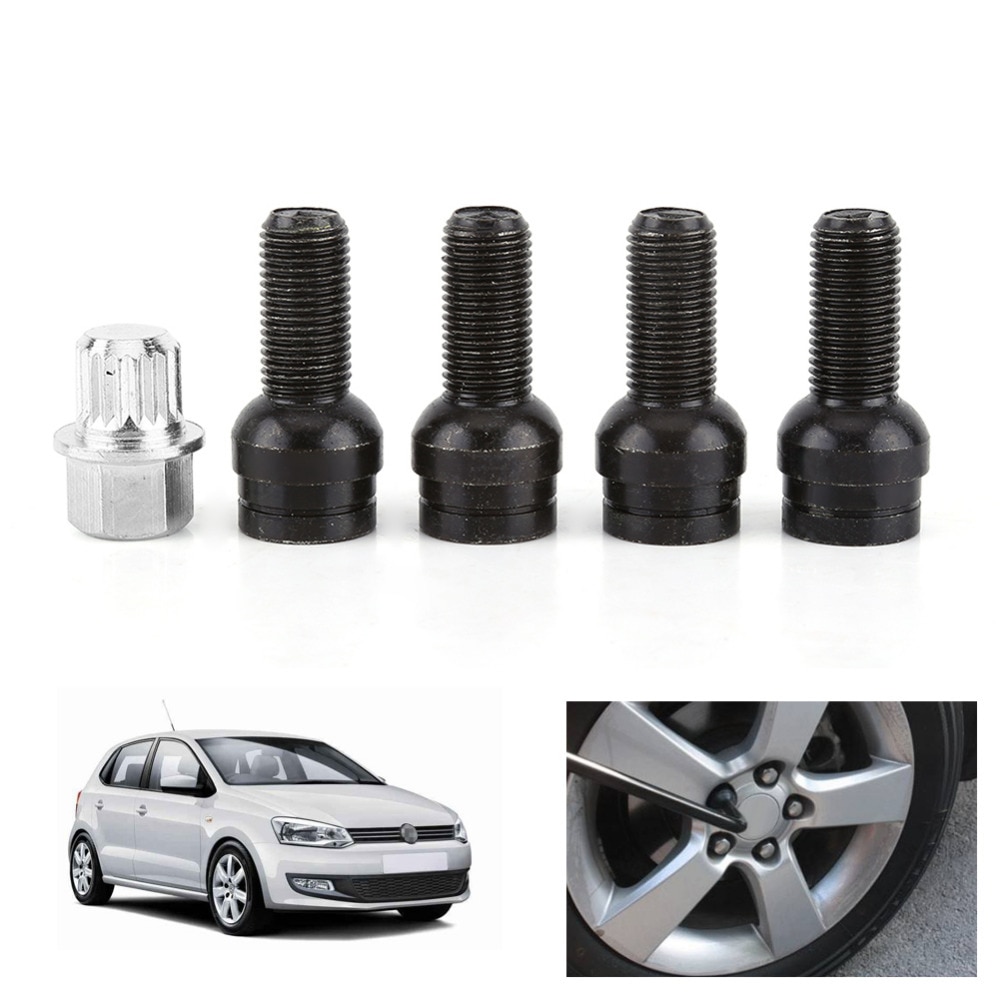 Car-Styling 4+1 M14*1.5MM Black Steel Wheel Bolt amp; Lock Lug Nut Set With Key For Audi VW Golf Jetta