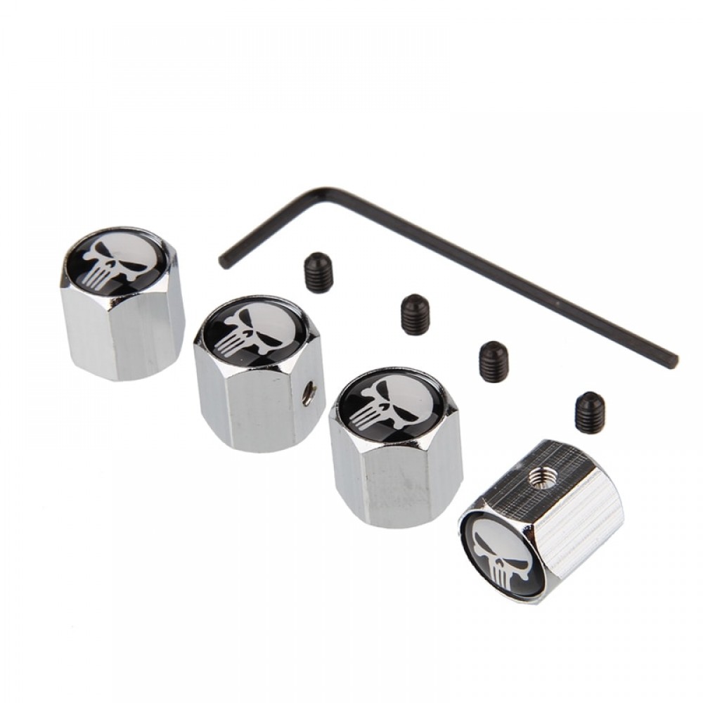 4Pcs/Set White Punisher Skull Logo Anti-theft Valve Caps Silver Wheel Tire Stem Air Caps Auto Styling For Toyota Ford Chevrolet
