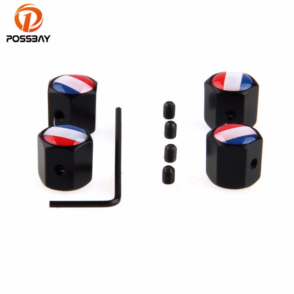 POSSBAY 4Pcs/set Theftproof  France Flag Car Wheel Tire Valves Tyre Stem Air Caps Airtight Cover Black Tire Valve Cap