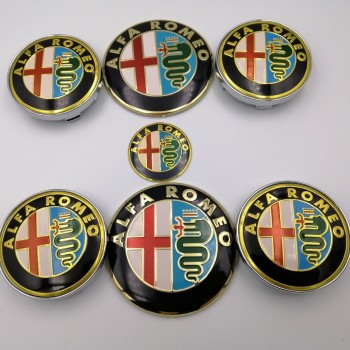 7pcs Alfa Romeo New Logo 74mm Hood Trunk+ Steering Wheel Badge+ 60mm Wheel Center Cap Emblem Brera 159 SW New Spider Giulietta