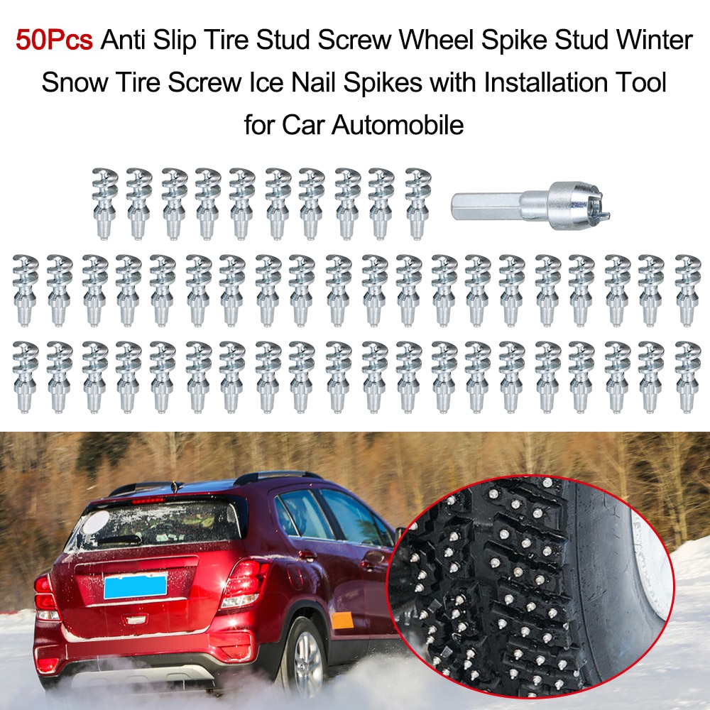 50Pcs Anti Slip Tire Stud Screw Wheel Spike Stud Winter Snow Tire Screw Ice Nail Spike with Installation Tool for Car Automobile