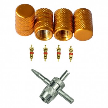 4PCS Tyre Air Valve Caps Fit All Schrader Valve Tool with 4PCS Valve Cores (Gold)