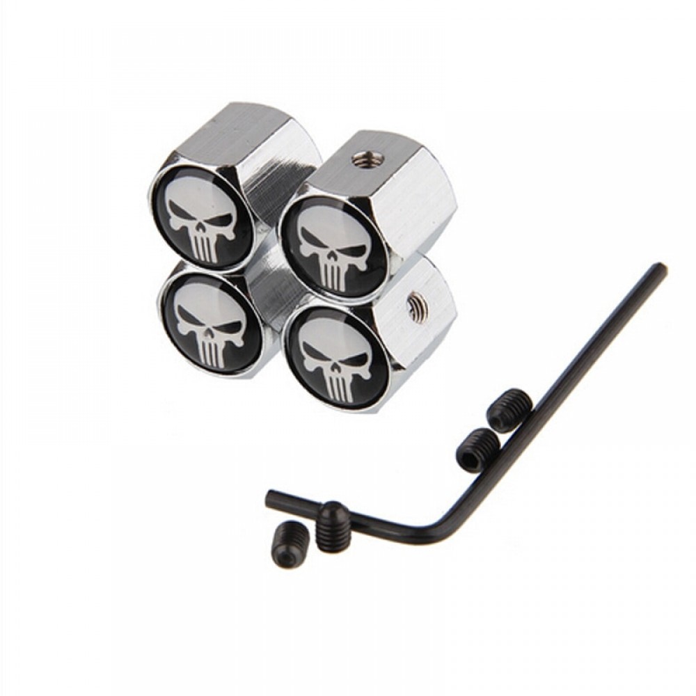 4pcs/set Skull Punisher Silver Car Wheel Tyre Tire Stem Air Valve Caps Key Screw Set Car Valve Accessories