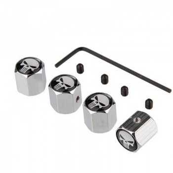 4pcs/set Skull Punisher Silver Car Wheel Tyre Tire Stem Air Valve Caps Key Screw Set Car Valve Accessories