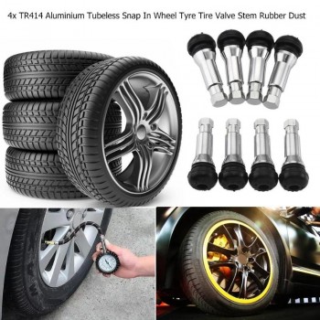VODOOL 4Pcs/Set TR414 Chrome Tubeless Tyre Valve Stem Caps Snap In Wheel Tire Air Port Valve Core Stems Rubber Dustproof Cover