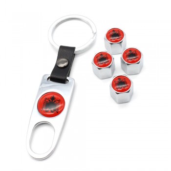 4Pcs Zinc Alloy Albania flag Car Wheel Tire Valve Caps Air Cover+1Pcs Leather Buckle Wrench Car Styling Accessories