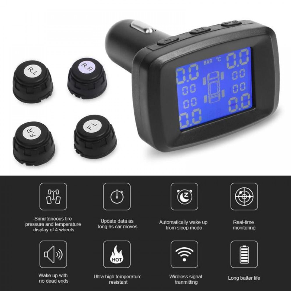 Car TPMS tire pressure Temperature monitoring system (external) cigarette lighter digital LCD monitor 4 sensors for 12V car