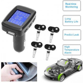 Car TPMS tire pressure Temperature monitoring system (external) cigarette lighter digital LCD monitor 4 sensors for 12V car