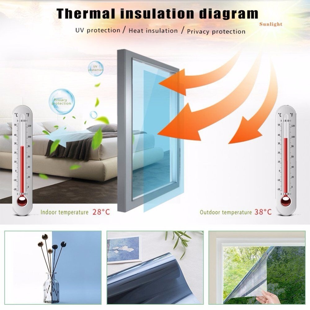 16cm x10m One Way Silver Privacy Window Film Sun Blocking Heat Control Home Glass Tint House Screen Mirrored Residential Film