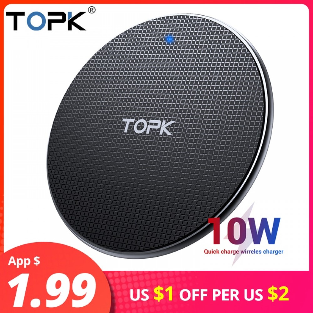 TOPK Wireless Charger for iPhone Xs Max X 8 Plus 10W Fast Charging Pad for Samsung Note 9 Note 8 S10 Plus