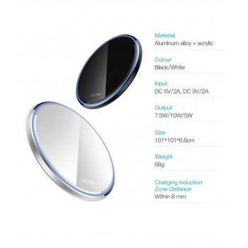 ROCK Metal 10W Wireless Charger Mirror Fast Charging for iPhone 8 X XR XS Max Samsung S10 S9 Desktop Wireless Charger Pad
