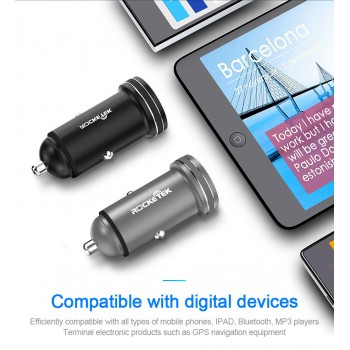 Rocketek All Metal USB Car Charger For Mobile Phone Tablet GPS 3.1A Fast Charger Car-Charger Dual USB Car Phone Charger Adapter