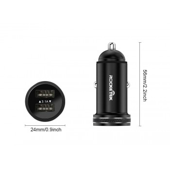 Rocketek All Metal USB Car Charger For Mobile Phone Tablet GPS 3.1A Fast Charger Car-Charger Dual USB Car Phone Charger Adapter
