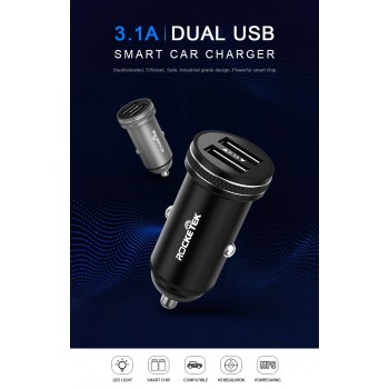 Rocketek All Metal USB Car Charger For Mobile Phone Tablet GPS 3.1A Fast Charger Car-Charger Dual USB Car Phone Charger Adapter
