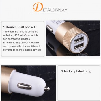 2.1A 1A Dual USB Car Charger Aluminum Alloy Universal Intelligent Charging Auto Charger For iPhone Samsung Mobile Android Phone