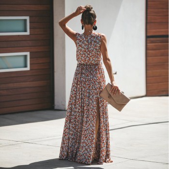 Dress Women Vintage Floral Printed Summer Dress Sleeveless V-neck Plus Size Split Maix Dress Women Dresses for Vacation 2019 New