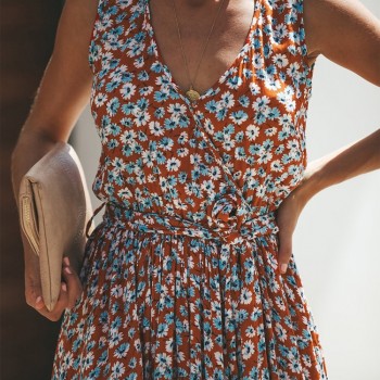 Dress Women Vintage Floral Printed Summer Dress Sleeveless V-neck Plus Size Split Maix Dress Women Dresses for Vacation 2019 New