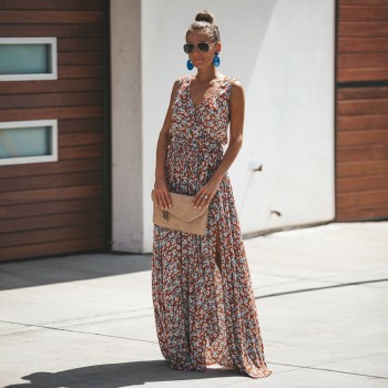 Dress Women Vintage Floral Printed Summer Dress Sleeveless V-neck Plus Size Split Maix Dress Women Dresses for Vacation 2019 New