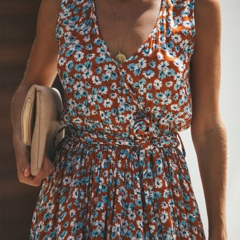 Dress Women Vintage Floral Printed Summer Dress Sleeveless V-neck Plus Size Split Maix Dress Women Dresses for Vacation 2019 New