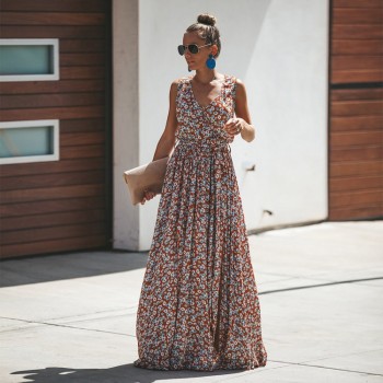 Dress Women Vintage Floral Printed Summer Dress Sleeveless V-neck Plus Size Split Maix Dress Women Dresses for Vacation 2019 New