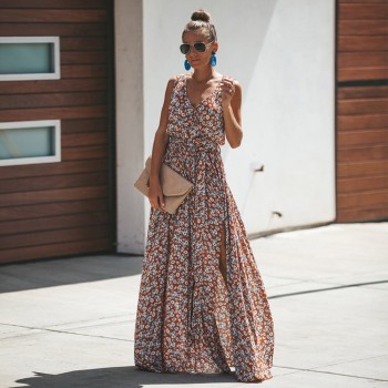 Dress Women Vintage Floral Printed Summer Dress Sleeveless V-neck Plus Size Split Maix Dress Women Dresses for Vacation 2019 New