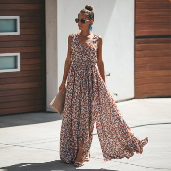 Dress Women Vintage Floral Printed Summer Dress Sleeveless V-neck Plus Size Split Maix Dress Women Dresses for Vacation 2019 New