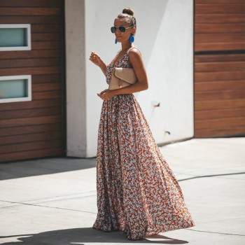 Dress Women Vintage Floral Printed Summer Dress Sleeveless V-neck Plus Size Split Maix Dress Women Dresses for Vacation 2019 New