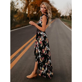 2019 Womens Summer BOHO Holiday Beach Dress Ladies Party Maxi Sleeveless Backless Vintage Split Black White Floral Printed Dress