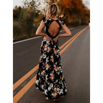 2019 Womens Summer BOHO Holiday Beach Dress Ladies Party Maxi Sleeveless Backless Vintage Split Black White Floral Printed Dress