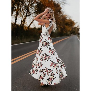 2019 Womens Summer BOHO Holiday Beach Dress Ladies Party Maxi Sleeveless Backless Vintage Split Black White Floral Printed Dress