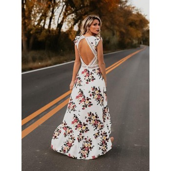 2019 Womens Summer BOHO Holiday Beach Dress Ladies Party Maxi Sleeveless Backless Vintage Split Black White Floral Printed Dress