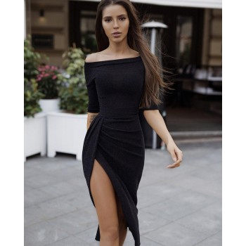 BUENOS Long Sexy Off Shoulder Party Dress Women High Slit Bodycon Shein Dress Three Quarter Sleeve Bright Silk Shiny vestidos