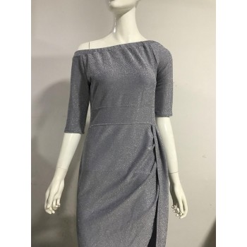BUENOS Long Sexy Off Shoulder Party Dress Women High Slit Bodycon Shein Dress Three Quarter Sleeve Bright Silk Shiny vestidos