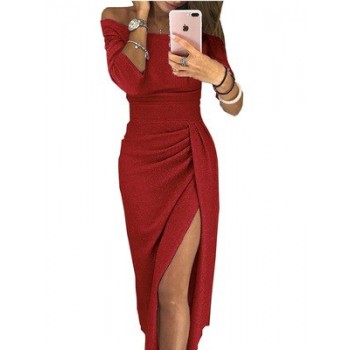 BUENOS Long Sexy Off Shoulder Party Dress Women High Slit Bodycon Shein Dress Three Quarter Sleeve Bright Silk Shiny vestidos