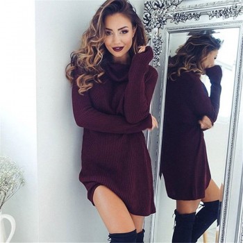 New Solid Long Sleeve Autumn Winter Dresses Women Turtleneck Warm Knitted Sweater Dress Casual Loose Mini Dress