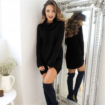 New Solid Long Sleeve Autumn Winter Dresses Women Turtleneck Warm Knitted Sweater Dress Casual Loose Mini Dress